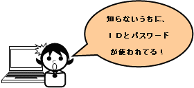 イラスト：女性「知らないうちにIDとパスワードが使われている!」